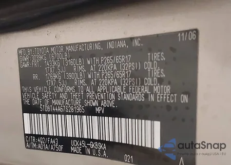 2007 Toyota Sequoia Sr5 V8 from USA, damaged, VIN 5TDBT44A67S281965